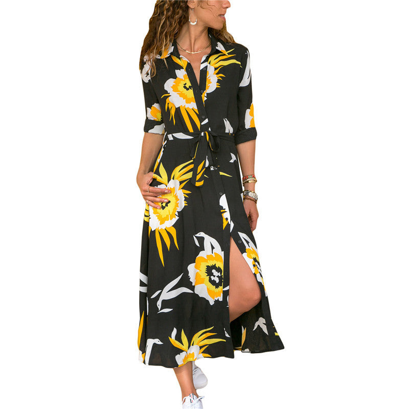 Madrid Vintage V Neck Chiffon Dress - Floral Print High Waist Maxi Dress