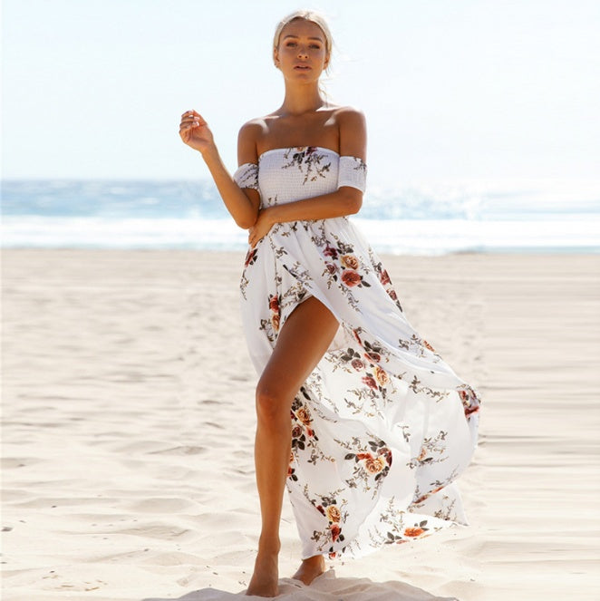 Bohemian Off Shoulder Floral Long Beach Dress - Summer Chiffon Collection