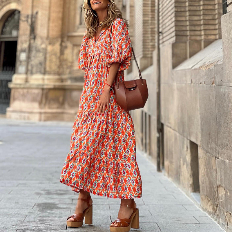 Vintage Boho Floral Maxi Dress - Casual V Neck Short Sleeve Long Dress