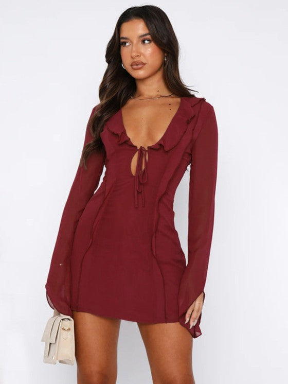 Slim Ruffle Dress with Lace-up V-Neck – Y2K Fashion