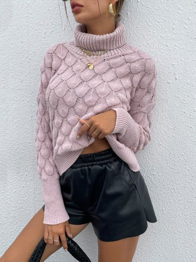 Modern Women's Rhombus Pattern Soft Knit Turtleneck Sweater