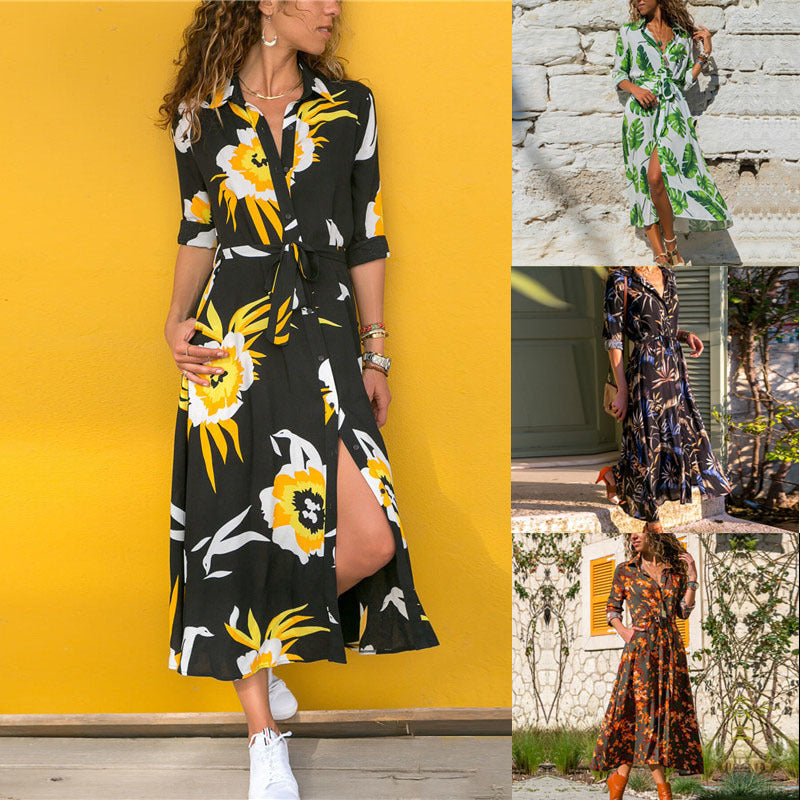 Madrid Vintage V Neck Chiffon Dress - Floral Print High Waist Maxi Dress