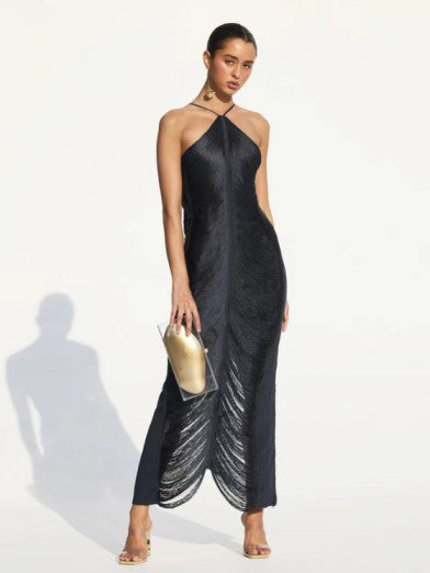 Glamorous Evening Dress with Fringe and Daring Slit to Dazzle at Every Occasion