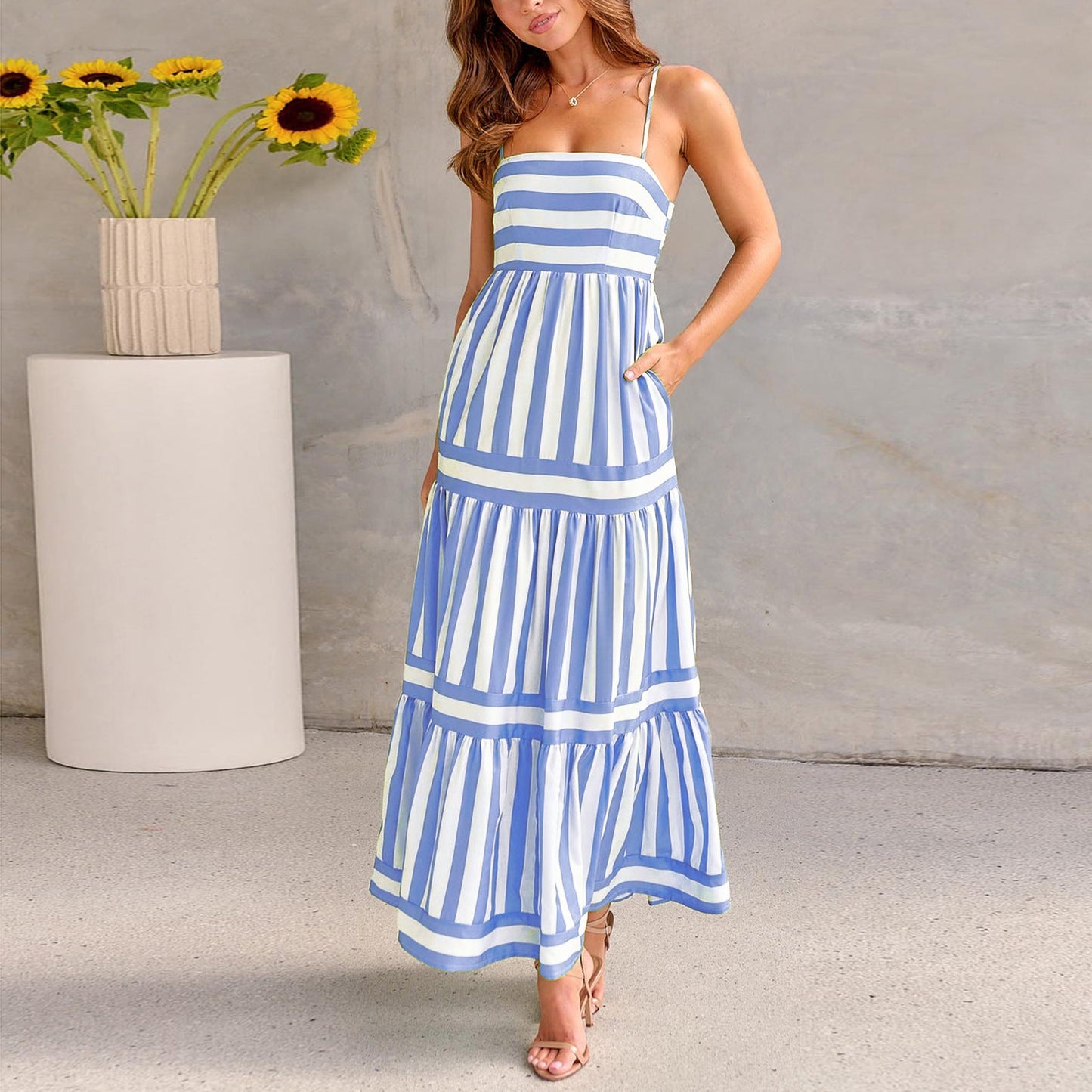 Striped Square Neck Long Dress - Backless Summer Beach Dress with Pockets