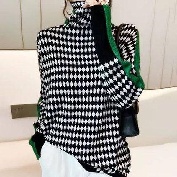 Green Striped Sweater with Black and White Plaid Pattern