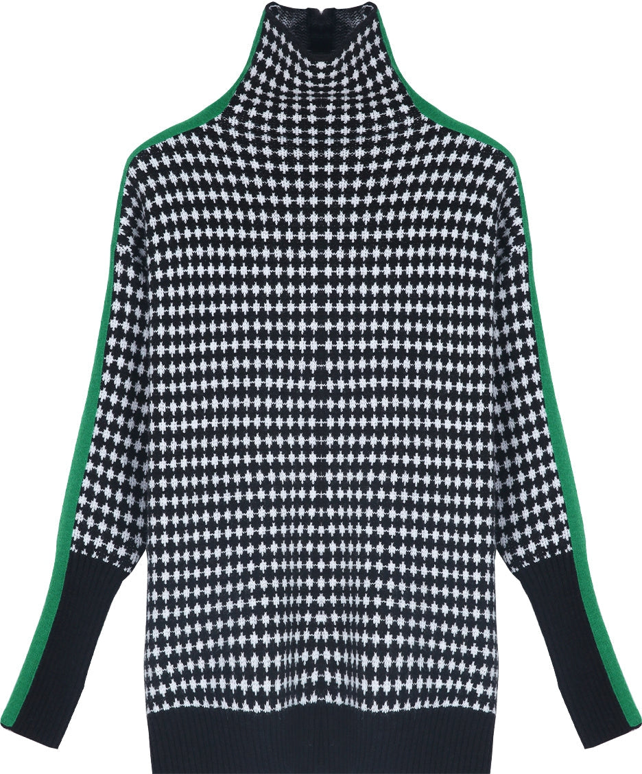 Green Striped Sweater with Black and White Plaid Pattern