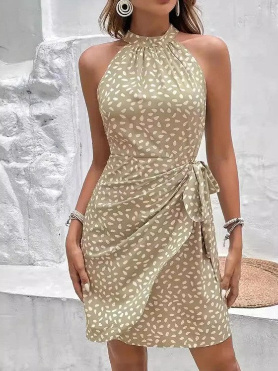 Chic Printed Halter Neck Dress with Tie Belt – Elegance for All Occasions