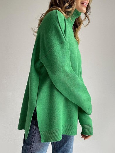 Oversized Long Turtleneck Sweater with Side Slit - 2024