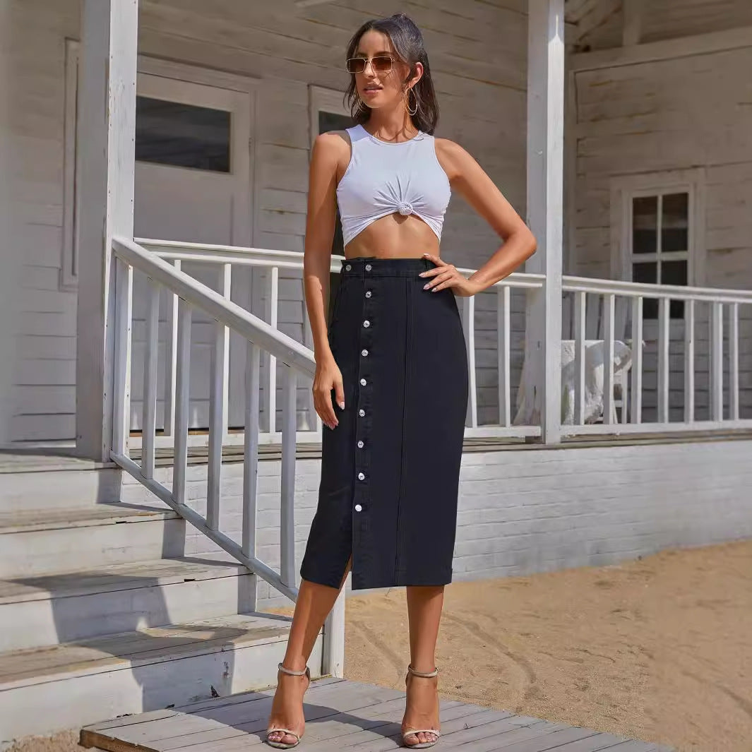 European Denim Button Front A-Line Skirt