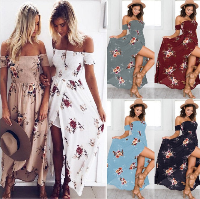 Bohemian Off Shoulder Floral Long Beach Dress - Summer Chiffon Collection