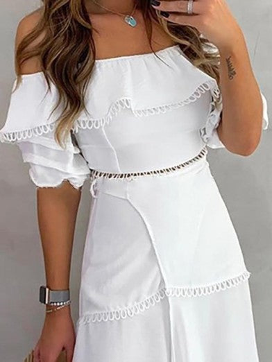 Off Shoulder Patchwork Dress Mid Sleeve Ankle Length