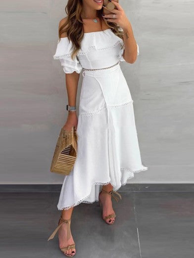 Off Shoulder Patchwork Dress Mid Sleeve Ankle Length