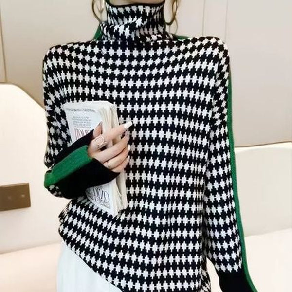 Green Striped Sweater with Black and White Plaid Pattern