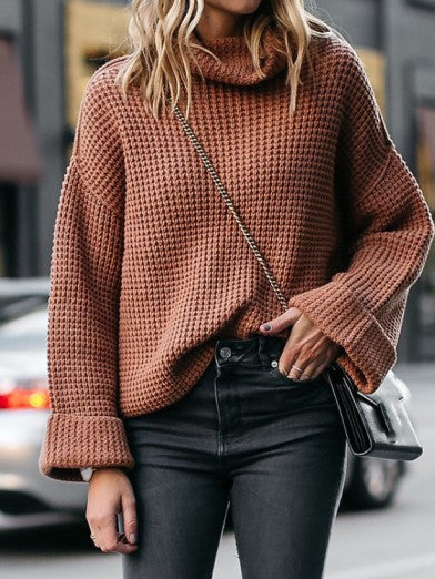 Women's Knitted Sweater with Stand Collar and Flared Sleeves - Autumn Elegance