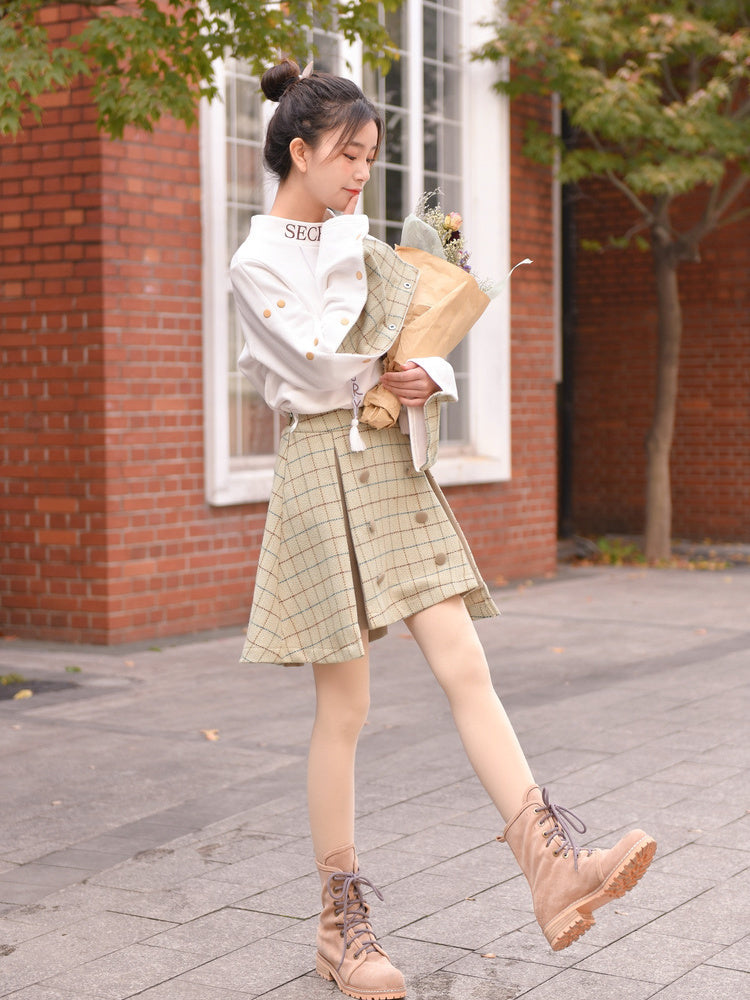 High-waisted wool blend plaid mini skirt