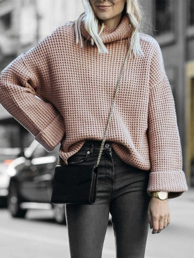 Women's Knitted Sweater with Stand Collar and Flared Sleeves - Autumn Elegance