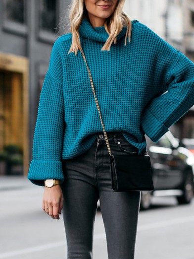 Women's Knitted Sweater with Stand Collar and Flared Sleeves - Autumn Elegance