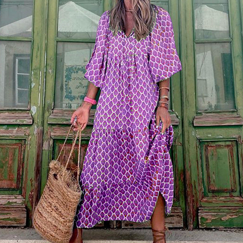 Vintage Boho Floral Maxi Dress - Casual V Neck Short Sleeve Long Dress