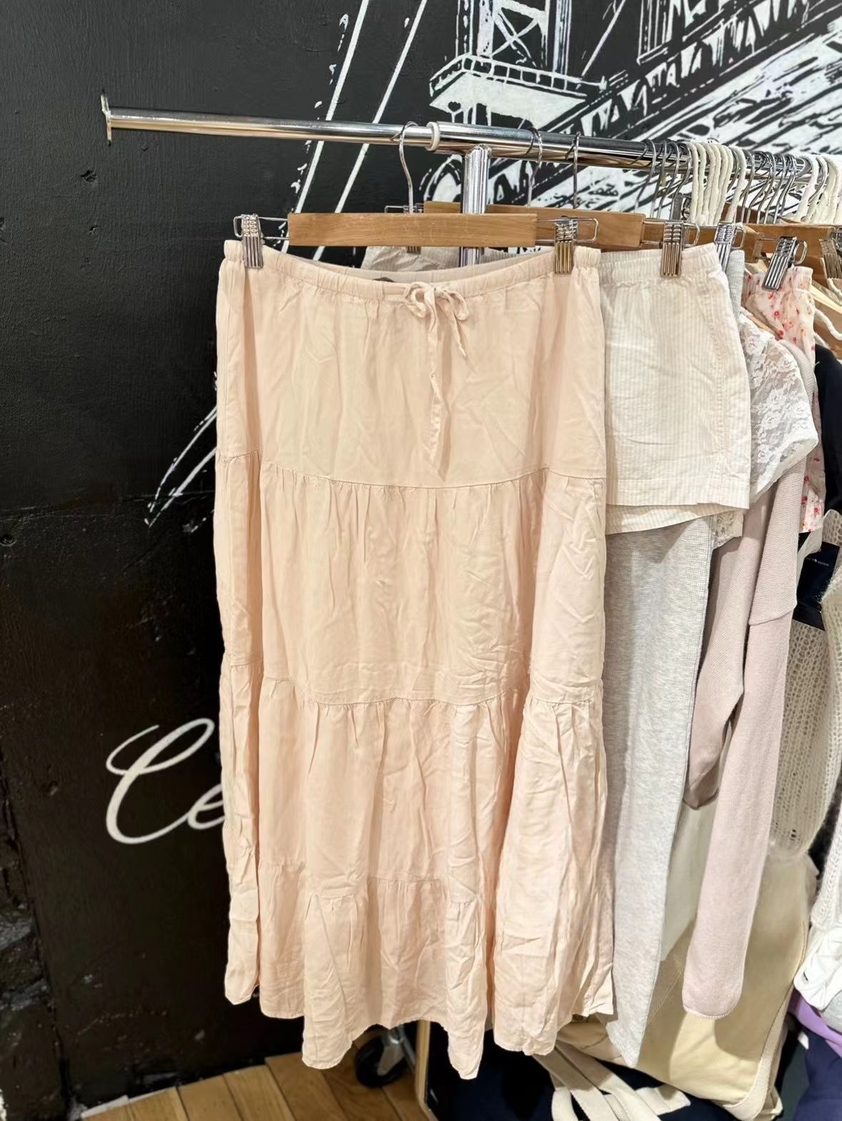 Cotton Linen Blend Spliced Midi Skirt