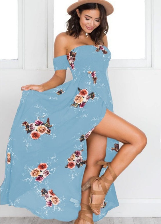Bohemian Off Shoulder Floral Long Beach Dress - Summer Chiffon Collection
