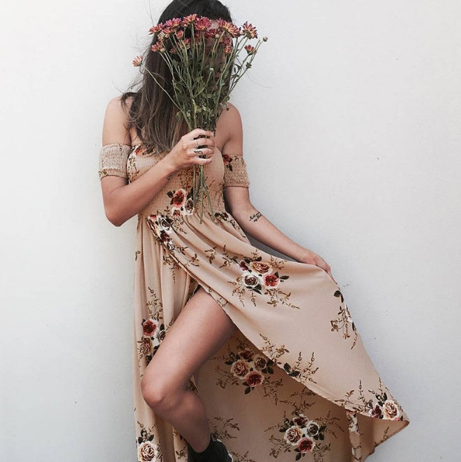 Bohemian Off Shoulder Floral Long Beach Dress - Summer Chiffon Collection
