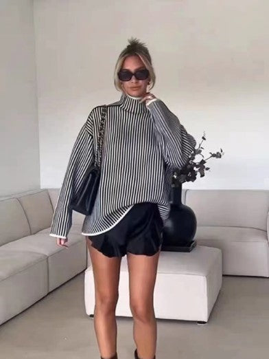 Turtleneck Drape Large Profile Sweater - Stripe Edition