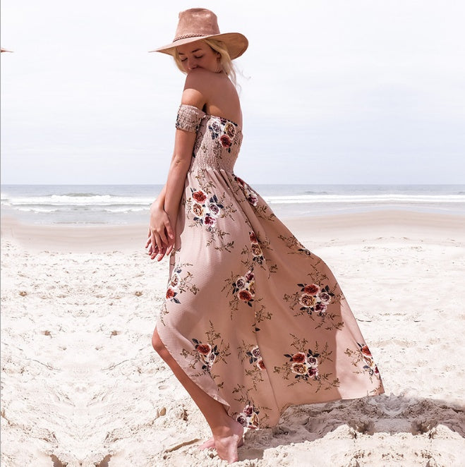 Bohemian Off Shoulder Floral Long Beach Dress - Summer Chiffon Collection