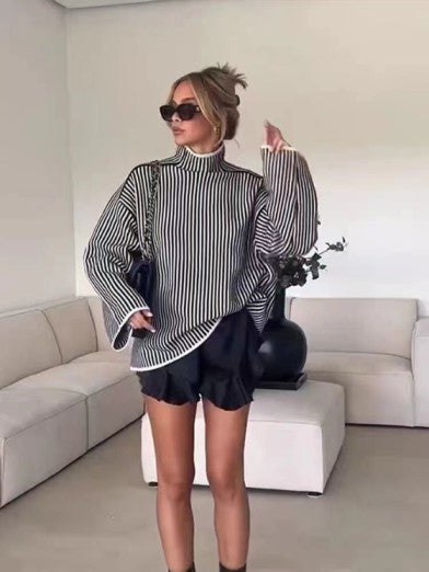 Turtleneck Drape Large Profile Sweater - Stripe Edition