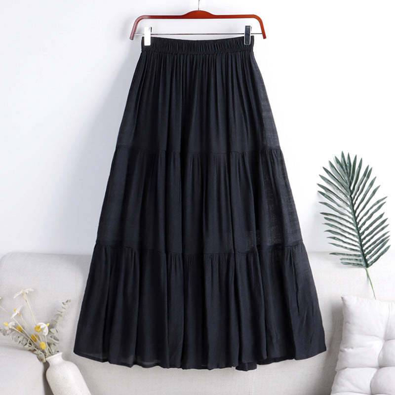 Cotton Linen Blend Spliced Midi Skirt
