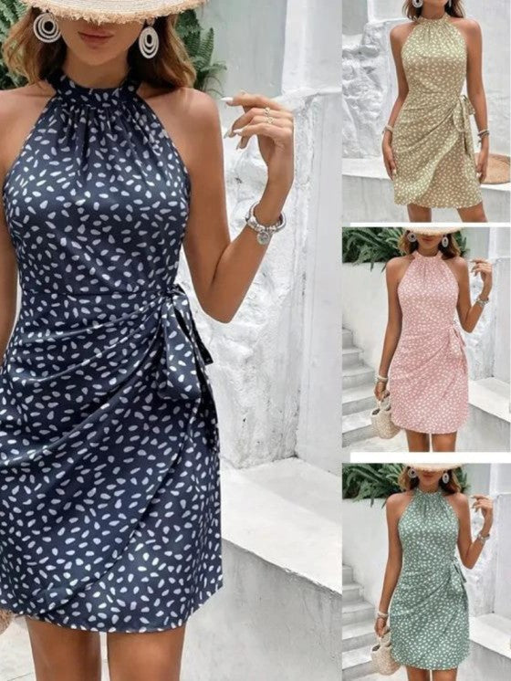 Chic Printed Halter Neck Dress with Tie Belt – Elegance for All Occasions