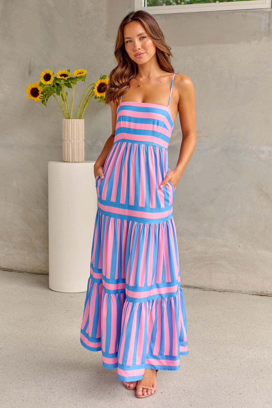 Striped Square Neck Long Dress - Backless Summer Beach Dress with Pockets