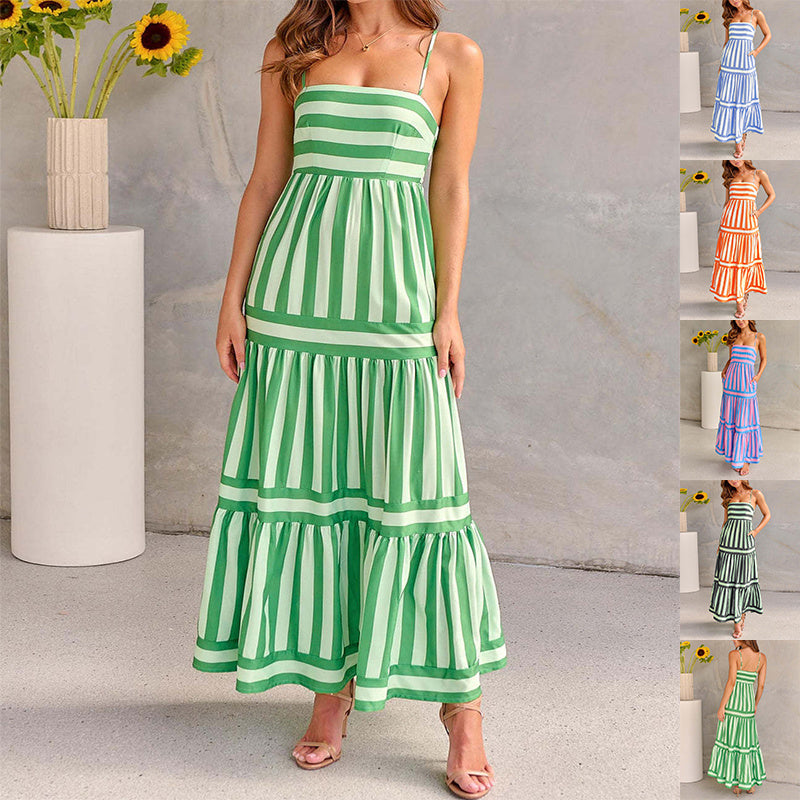 Striped Square Neck Long Dress - Backless Summer Beach Dress with Pockets