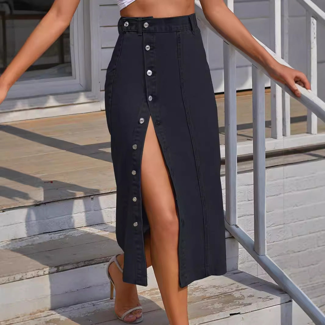 European Denim Button Front A-Line Skirt