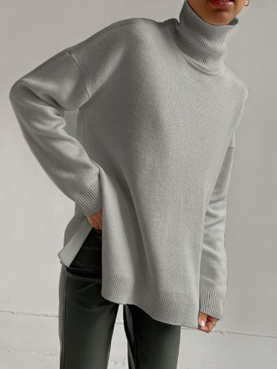 Oversized Long Turtleneck Sweater with Side Slit - 2024