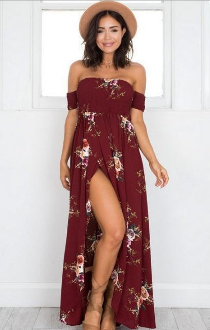 Bohemian Off Shoulder Floral Long Beach Dress - Summer Chiffon Collection