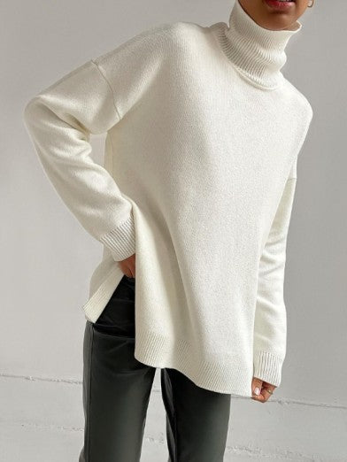 Oversized Long Turtleneck Sweater with Side Slit - 2024