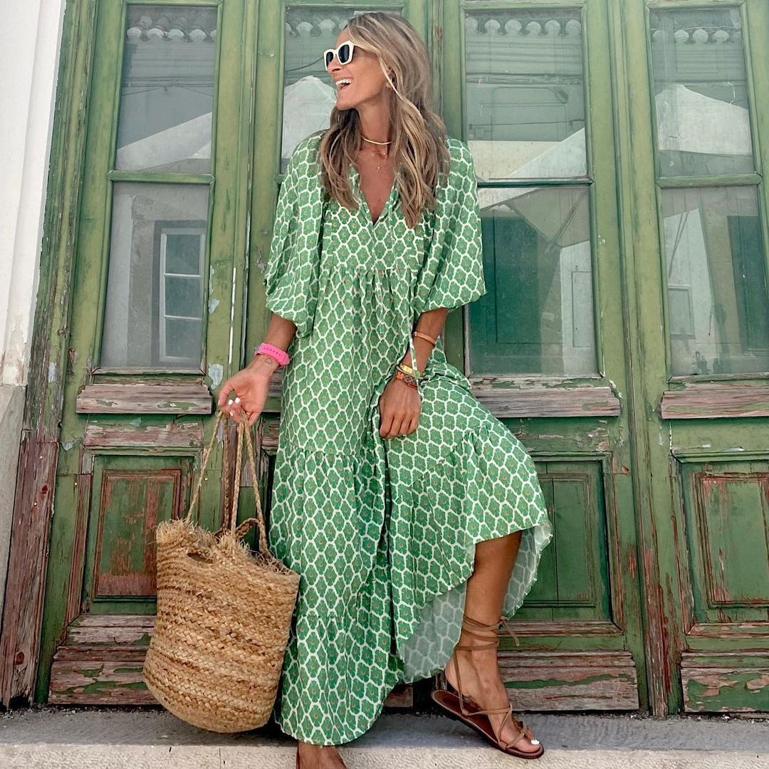 Vintage Boho Floral Maxi Dress - Casual V Neck Short Sleeve Long Dress