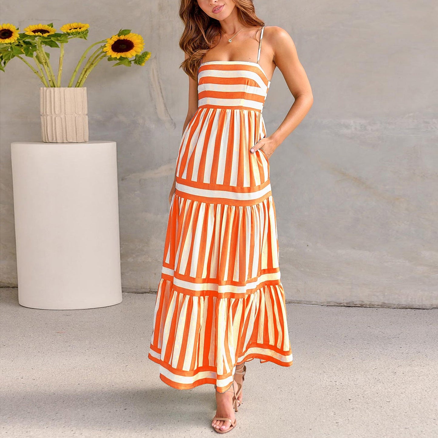 Striped Square Neck Long Dress - Backless Summer Beach Dress with Pockets