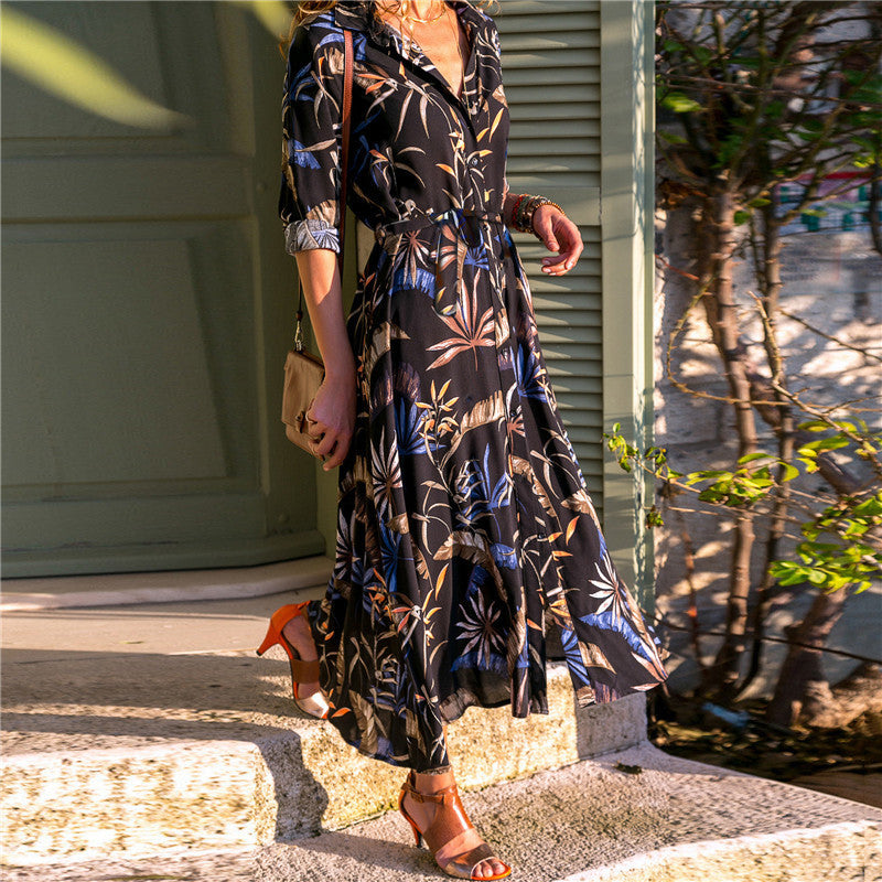 Madrid Vintage V Neck Chiffon Dress - Floral Print High Waist Maxi Dress