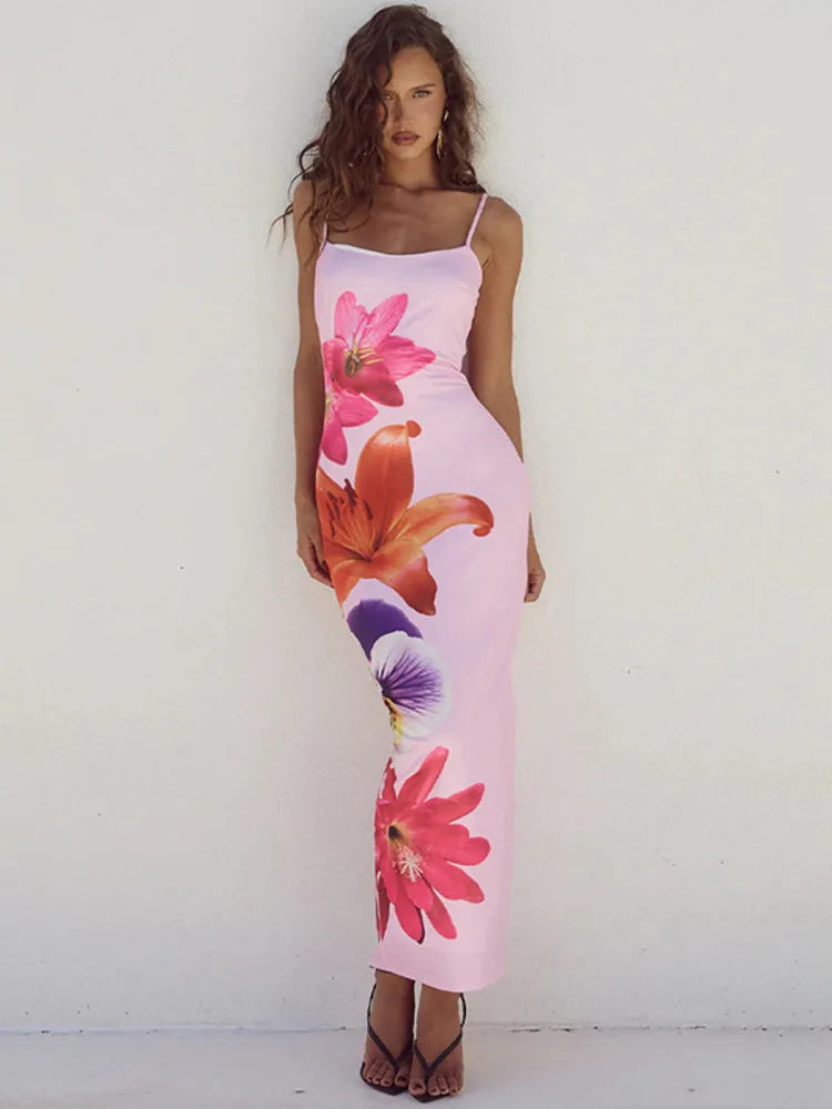 Spaghetti Floral Maxi Dress - Zylofa