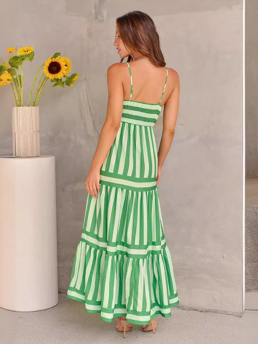 Striped Square Neck Long Dress - Backless Summer Beach Dress with Pockets
