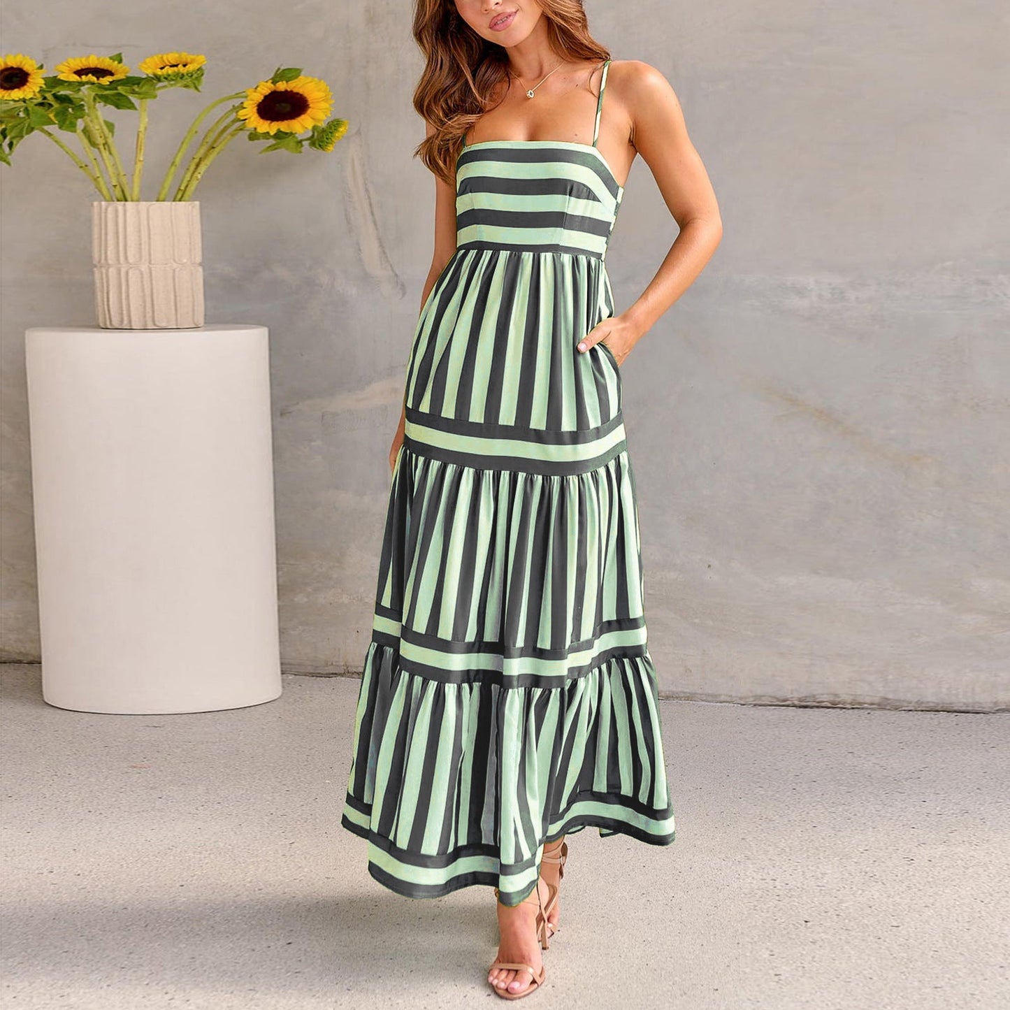 Striped Square Neck Long Dress - Backless Summer Beach Dress with Pockets