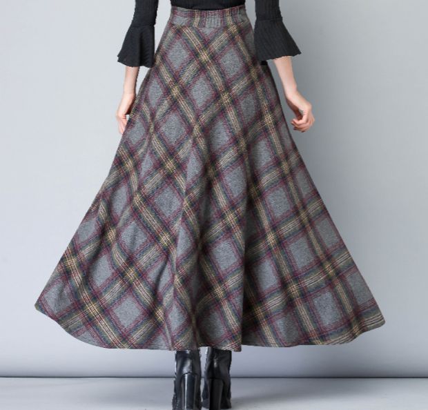 Vintage Plaid Wool A-Line Midi Skirt