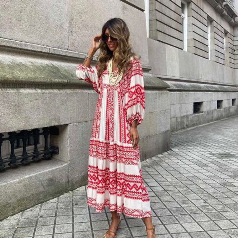 Vintage Boho Floral Maxi Dress - Casual V Neck Short Sleeve Long Dress