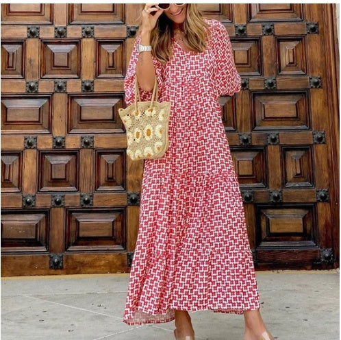 Vintage Boho Floral Maxi Dress - Casual V Neck Short Sleeve Long Dress