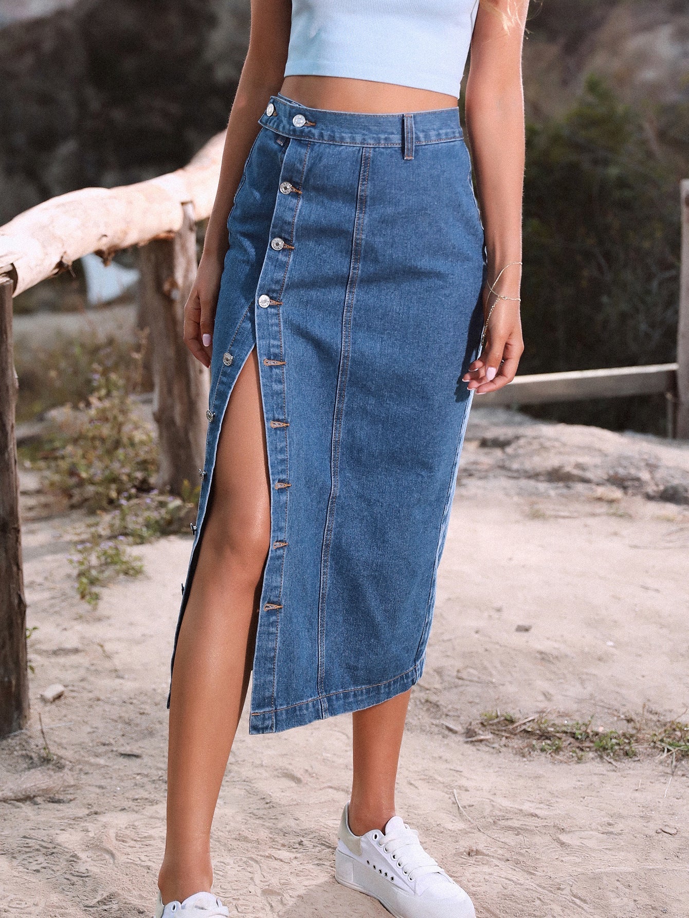 European Denim Button Front A-Line Skirt