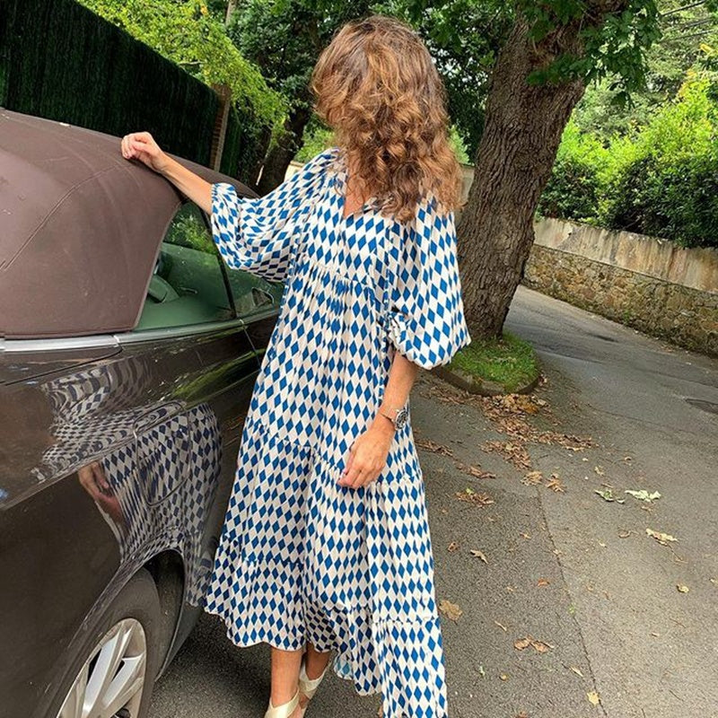 Vintage Boho Floral Maxi Dress - Casual V Neck Short Sleeve Long Dress