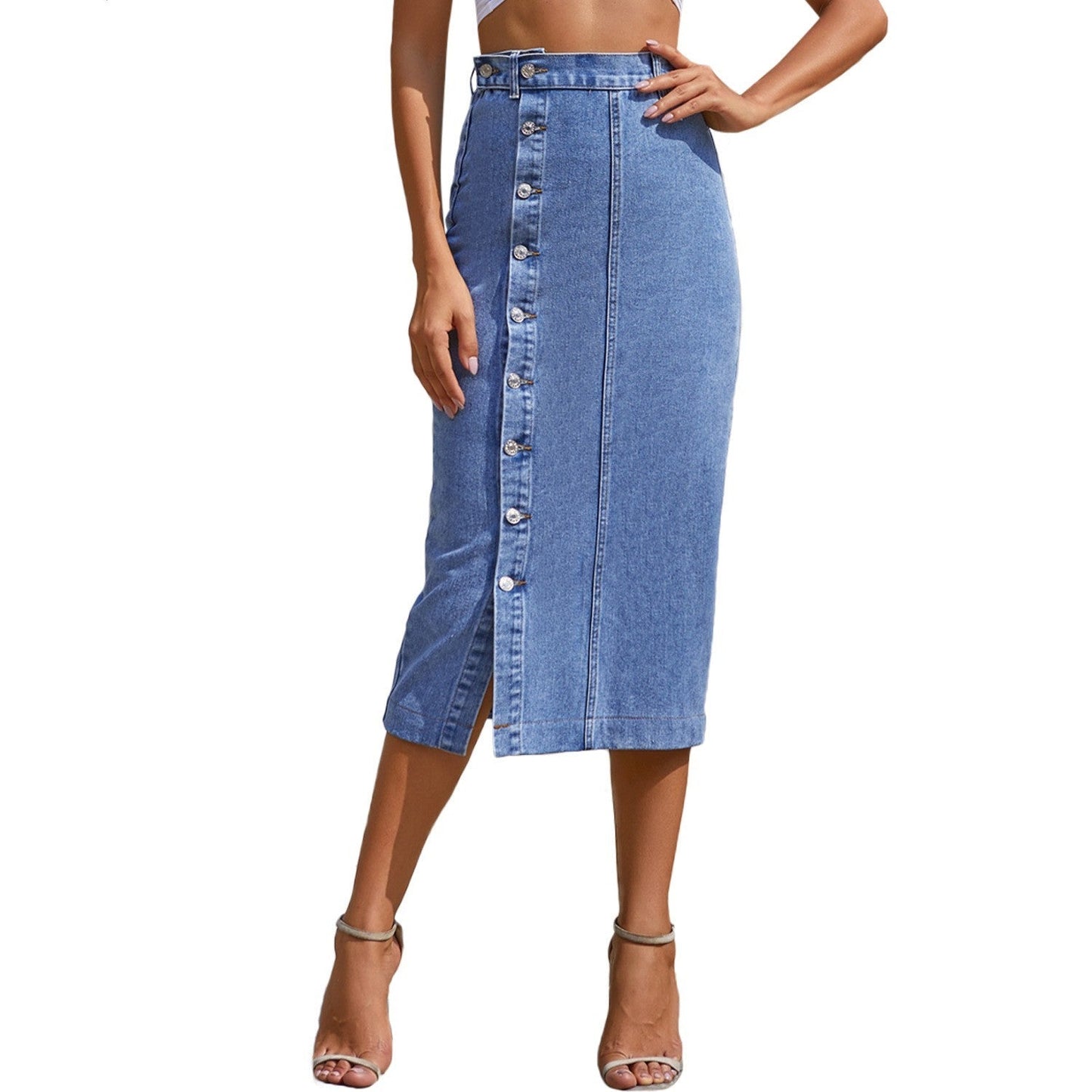 European Denim Button Front A-Line Skirt