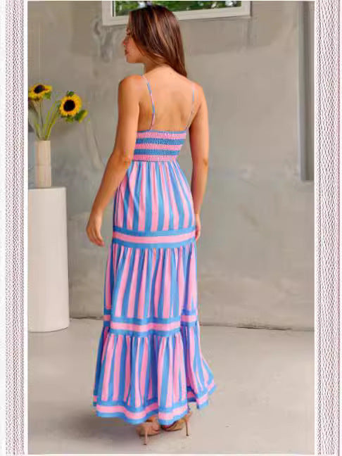 Striped Square Neck Long Dress - Backless Summer Beach Dress with Pockets
