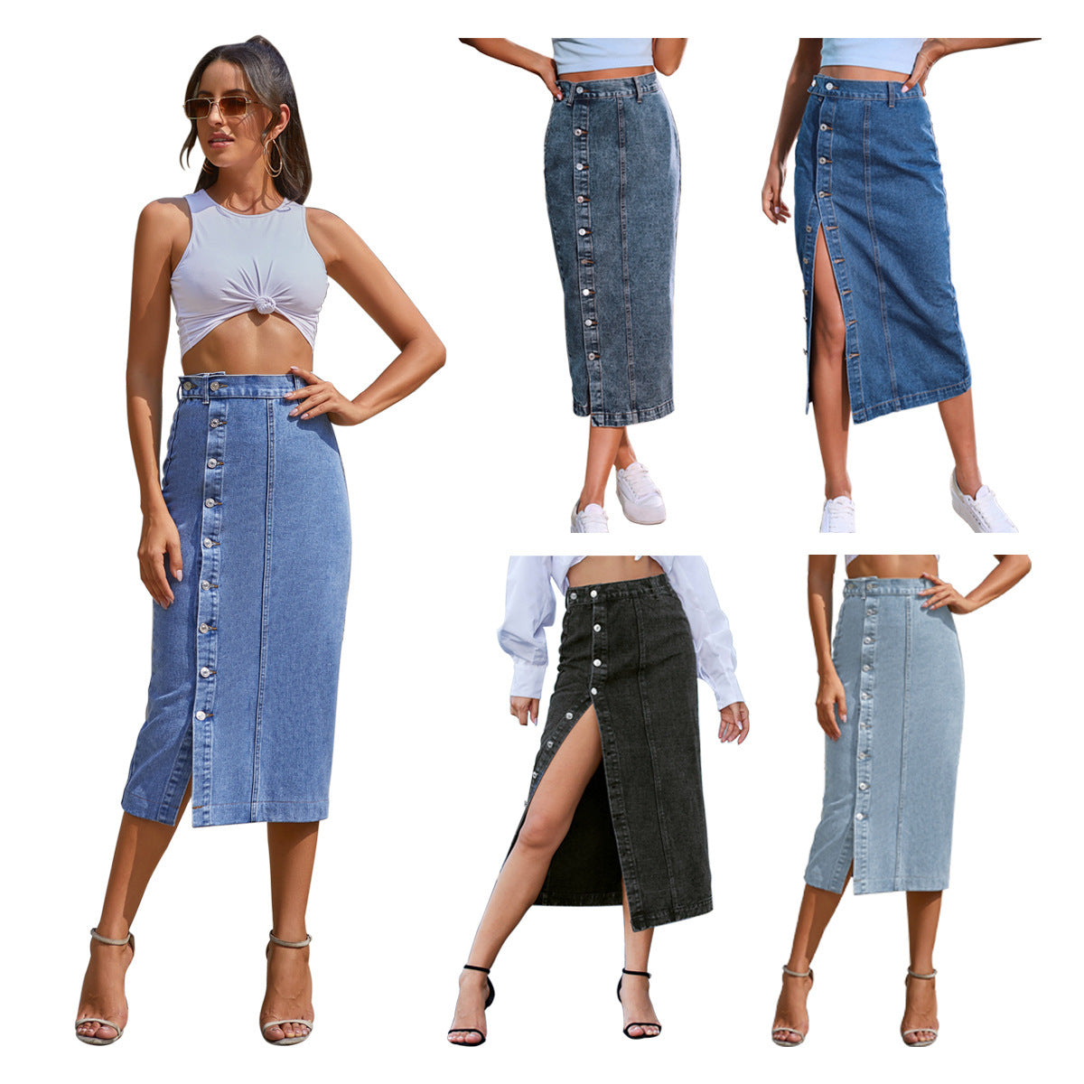 European Denim Button Front A-Line Skirt